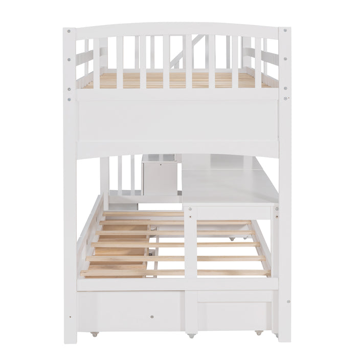 GFD Home - Stairway Twin XL Loft Bed with Twin Size Trundle and 3 Drawers, Storage, Desk, White - GreatFurnitureDeal