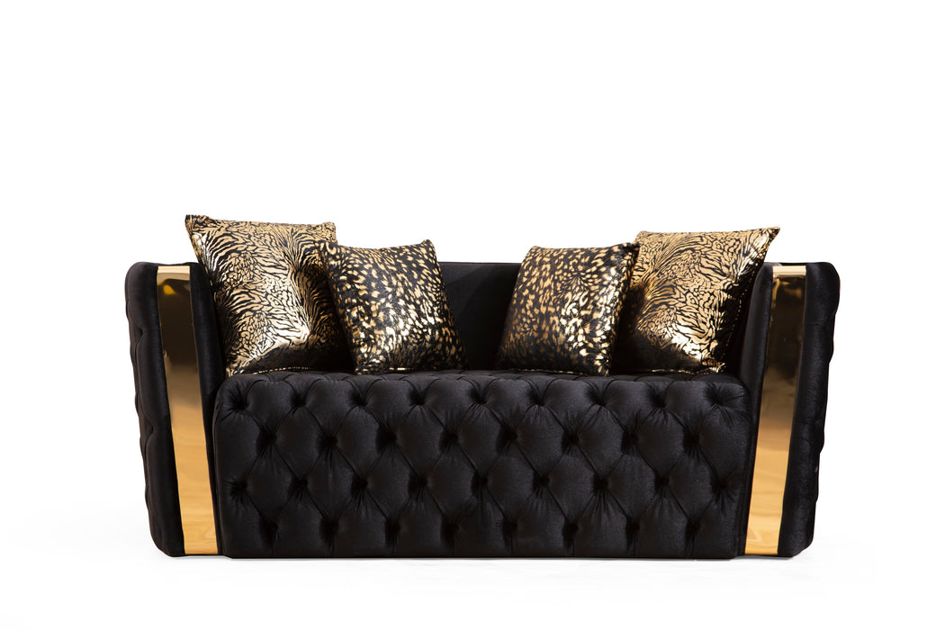 GFD Home - Naomi Button Tufted 2 Pc Sofa Set with Velvet Fabric and Gold Accent in Black - GreatFurnitureDeal