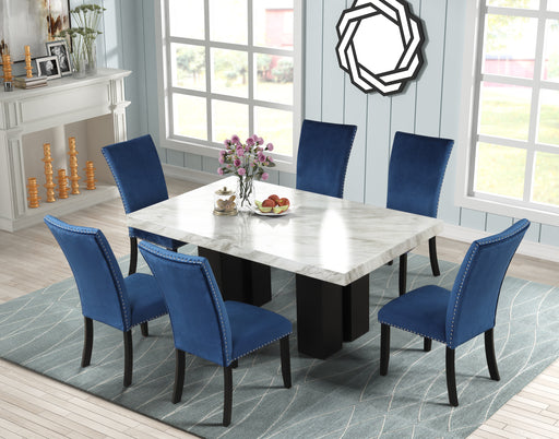 GFD Home - 7-piece Dining Table Set with 1 Faux Marble Dining Rectangular Table and 6 Upholstered-Seat Chairs ,for Dining room and Living Room ,Blue - GreatFurnitureDeal