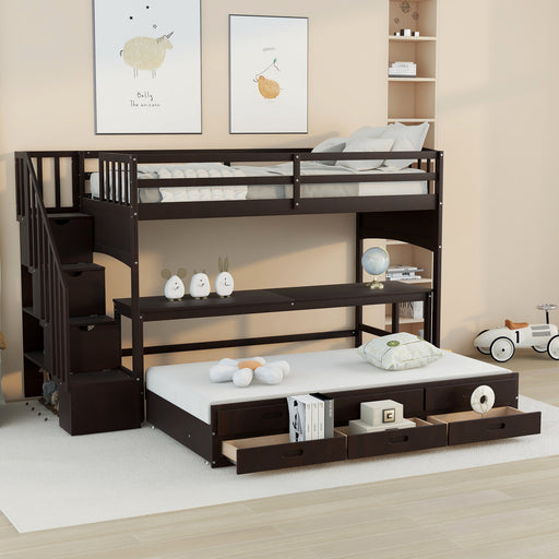 GFD Home - Stairway Twin XL Loft Bed with Twin Size Trundle and 3 Drawers, Storage, Desk, Espresso - GreatFurnitureDeal