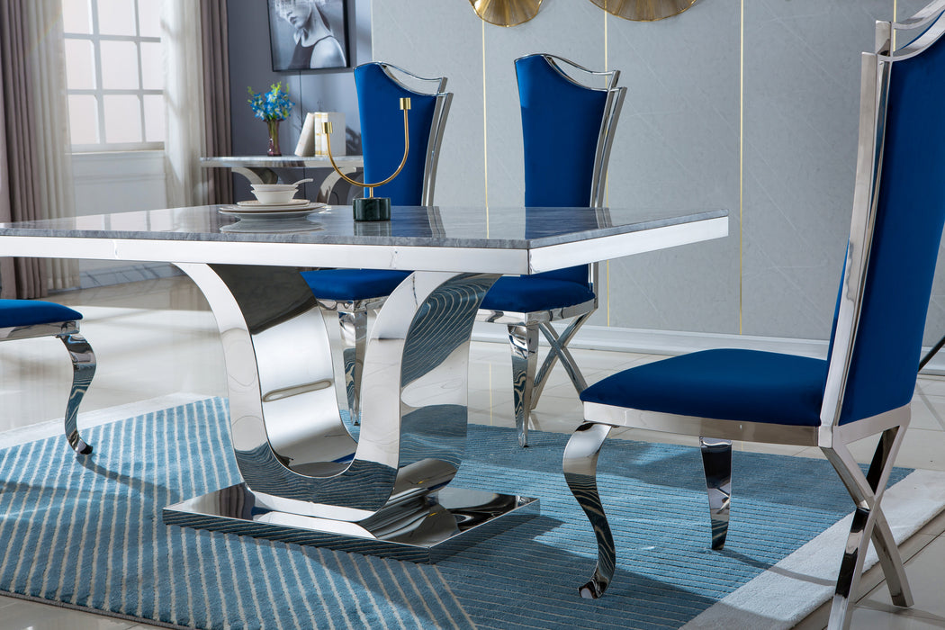 GFD Home - Modern Rectangular Marble Dining Table, 0.71" Thick Marble Top, U Shape Stainless Steel Base with Silver Mirrored Finish, Size:64"Lx38"Dx30"H(Not Including Chairs) - GreatFurnitureDeal