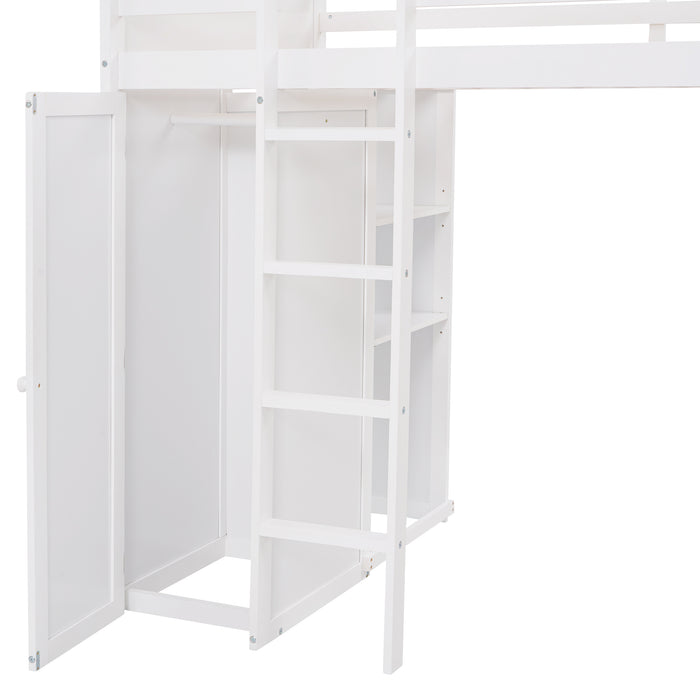 GFD Home - Twin size Loft Bed with a Stand-alone bed, Shelves,Desk,and Wardrobe-White - GreatFurnitureDeal