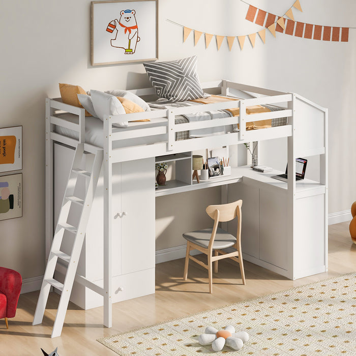 GFD Home - Twin Size Loft Bed with Wardrobe and Drawers, attached Desk with Shelves, White - GreatFurnitureDeal