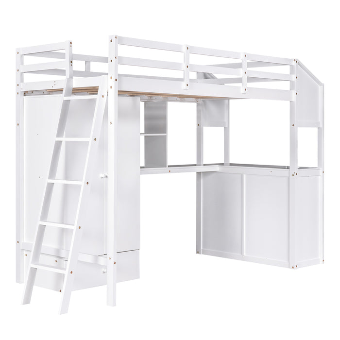 GFD Home - Twin Size Loft Bed with Wardrobe and Drawers, attached Desk with Shelves, White - GreatFurnitureDeal