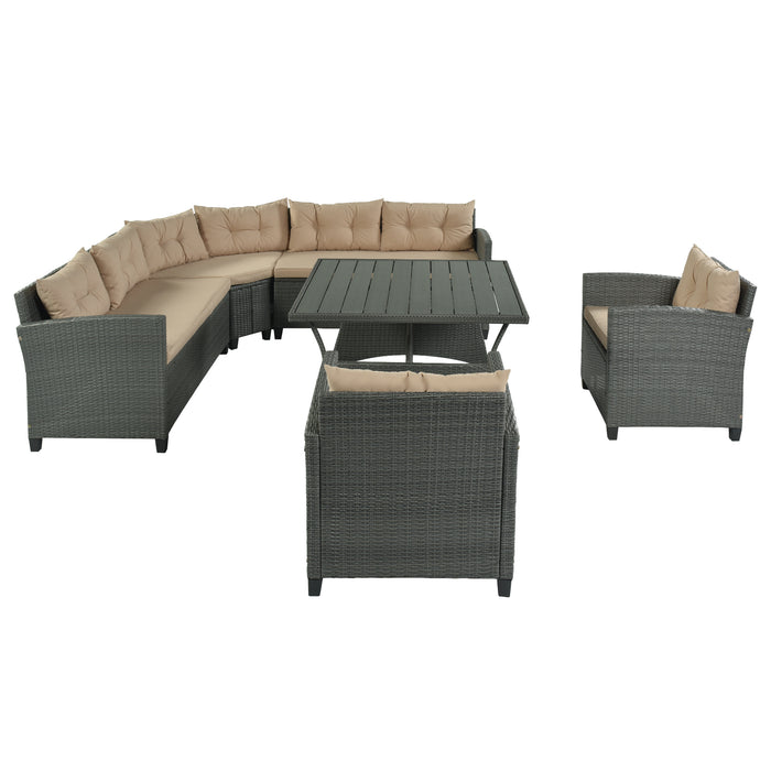 GFD Home - GO 6-Piece Outdoor Wicker Sofa Set, Patio Rattan Dinning Set, Sectional Sofa with Thick Cushions and Pillows, Plywood Table Top, For Garden, Yard, Deck. (Gray Wicker, Beige Cushion) - GreatFurnitureDeal