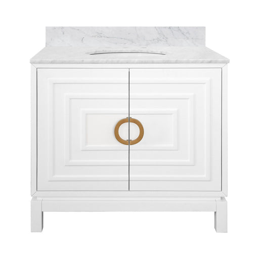 Worlds Away - Bath Vanity In Matte White Lacquer With Antique Brass Circle Hardware, White Marble Top, And Porcelain Sink - BIXBY WH - GreatFurnitureDeal