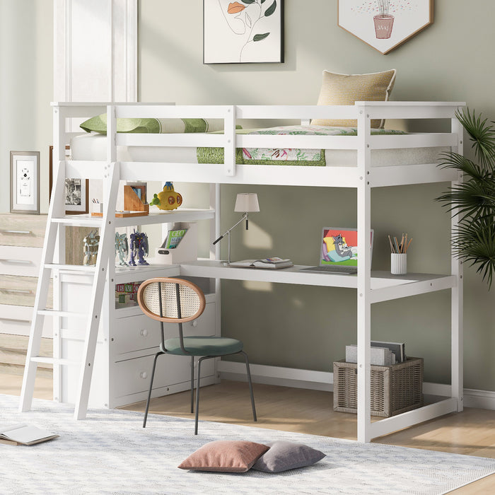 GFD Home - Twin Size Loft Bed with Desk and Shelves, Two Built-in Drawers, White (old SKU: GX000803AAK-1） - GreatFurnitureDeal