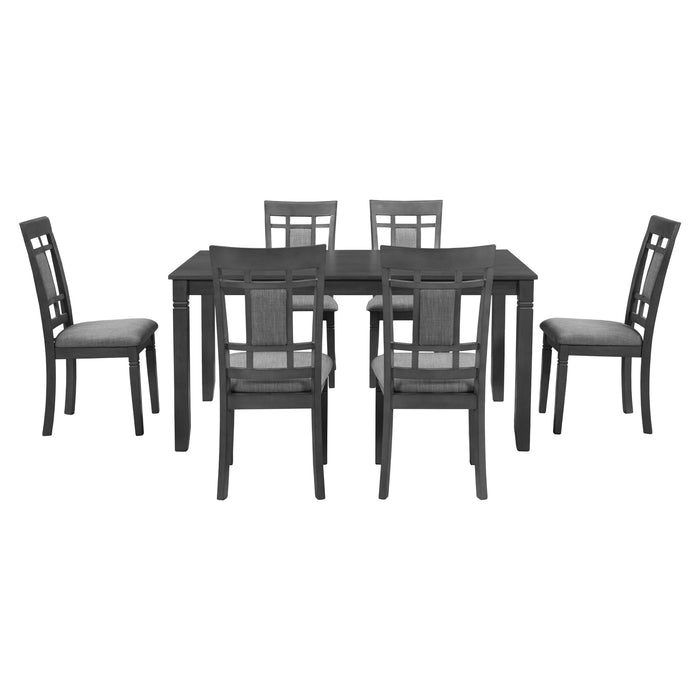 GFD Home - TOPMAX 7-Piece Farmhouse Rustic Wooden Dining Table Set Kitchen Furniture Set with 6 Padded Dining Chairs, Gray - GreatFurnitureDeal