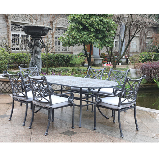 GFD House - Outdoor Aluminum 7-Piece Oval Dining Set With 6 Arm Chairs, Blue - GreatFurnitureDeal