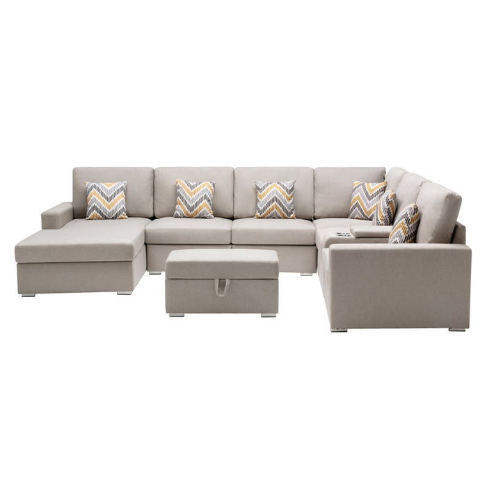 GFD Home - Nolan Beige Linen Fabric 8Pc Reversible Chaise Sectional Sofa with Interchangeable Legs, Pillows, Storage Ottoman, and a USB, Charging Ports, Cupholders, Storage Console Table - GreatFurnitureDeal