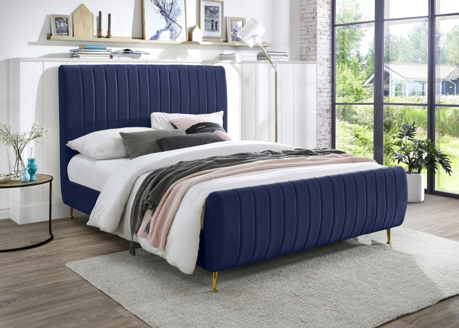 Meridian Furniture - Zara Velvet Queen Bed in Navy - ZaraNavy-Q