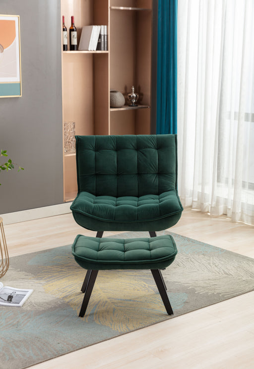 GFD Home - Modern Soft Velvet Fabric Material Large Width Accent Chair Leisure Chair Armchair TV Chair Bedroom Chair With Ottoman Black Legs For Indoor Home And Living Room,Dark Green - GreatFurnitureDeal