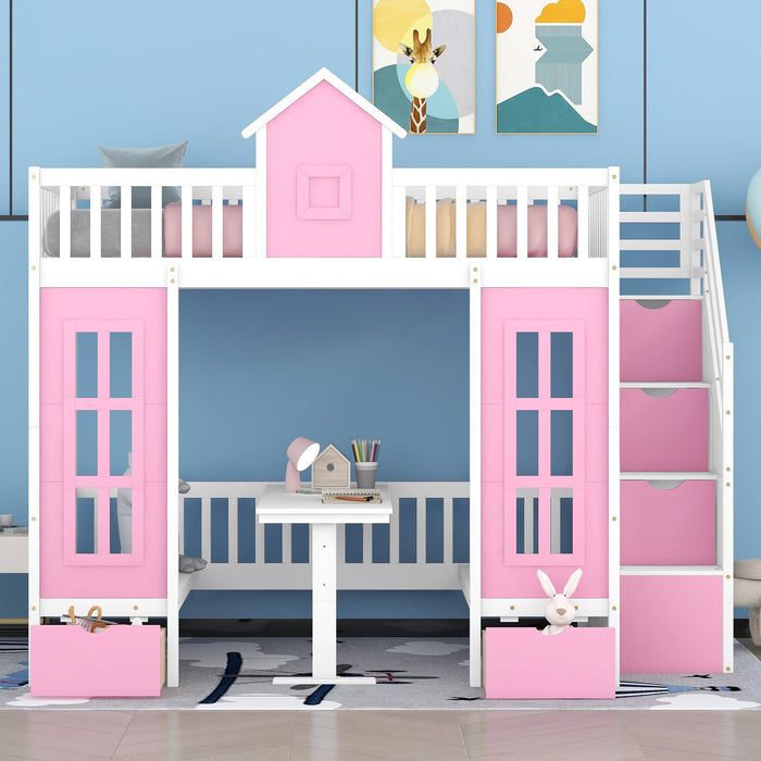 GFD Home - Full-Over-Full Bunk Bed with Changeable Table , Bunk Bed Turn into Upper Bed and Down Desk - Pink - GreatFurnitureDeal