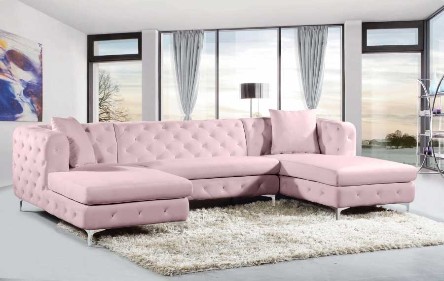 Meridian Furniture - Gail Velvet 3 Piece Sectional in Pink - 664Pink-Sectional - GreatFurnitureDeal