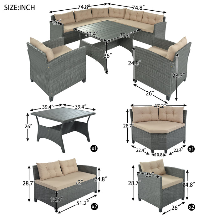 GFD Home - GO 6-Piece Outdoor Wicker Sofa Set, Patio Rattan Dinning Set, Sectional Sofa with Thick Cushions and Pillows, Plywood Table Top, For Garden, Yard, Deck. (Gray Wicker, Beige Cushion) - GreatFurnitureDeal