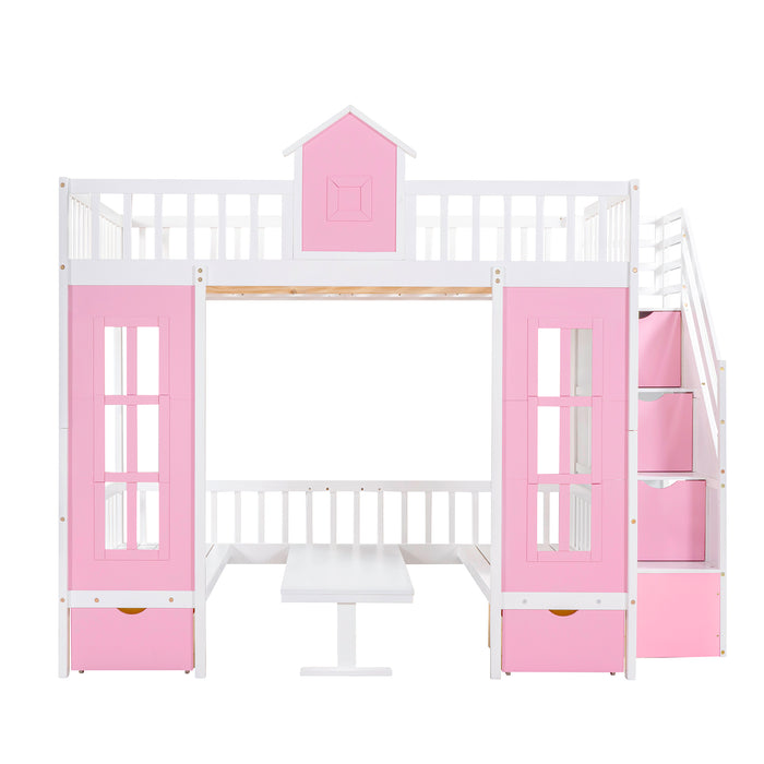 GFD Home - Full-Over-Full Bunk Bed with Changeable Table , Bunk Bed Turn into Upper Bed and Down Desk - Pink - GreatFurnitureDeal