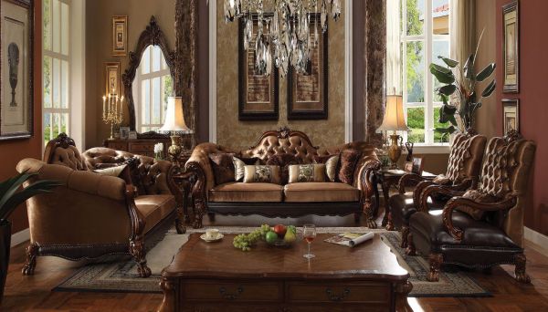Acme Furniture - Dresden Sofa w-7 Pillows, Golden Brown Velvet & Cherry Oak - 52095