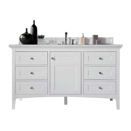 James Martin Furniture - Palisades 60" Single Vanity, Bright White with 3 CM Carrara Marble Top - 527-V60S-BW-3CAR - GreatFurnitureDeal