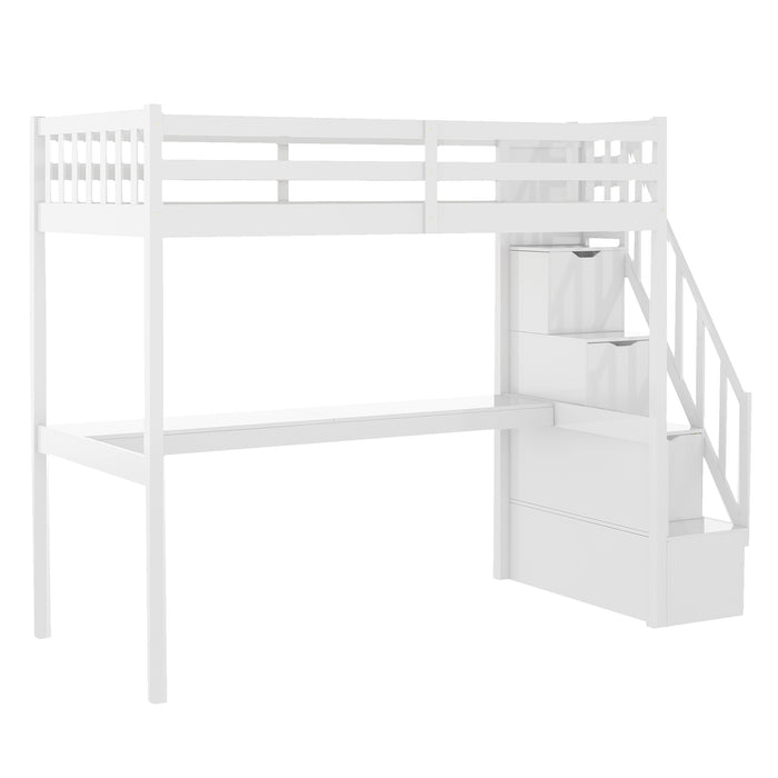 GFD Home - Twin Size Loft Bed with Staircase and Built-in Desk ,White - GreatFurnitureDeal