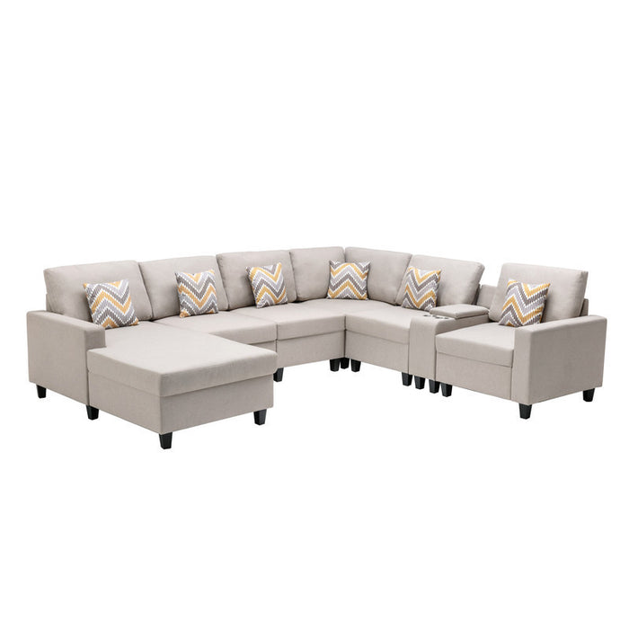 GFD Home - Nolan Beige Linen Fabric 7Pc Reversible Chaise Sectional Sofa with a USB, Charging Ports, Cupholders, Storage Console Table and Pillows and Interchangeable Legs - GreatFurnitureDeal