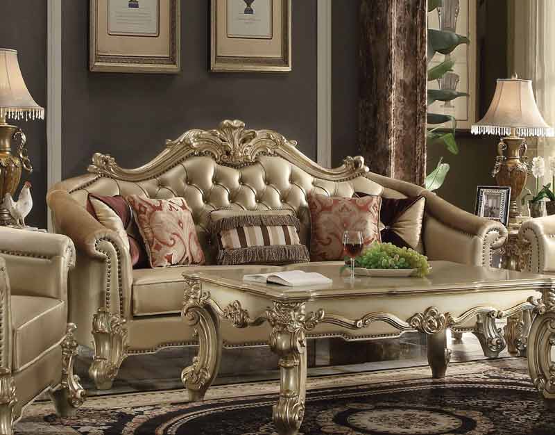 Acme Furniture - Vendome II Sofa with 5 Pillows, Bone PU & Gold Patina - 53120 - GreatFurnitureDeal