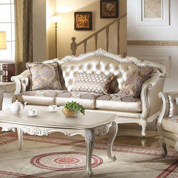 Acme Furniture - Chantelle Sofa with 3 Pillows, Rose Gold PU-Fabric & Pearl White - 53540 - GreatFurnitureDeal