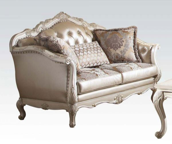 Acme Furniture - Chantelle Loveseat with 3 Pillows, Rose Gold PU-Fabric & Pearl White - 53541