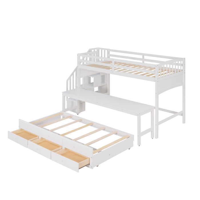 GFD Home - Stairway Twin XL Loft Bed with Twin Size Trundle and 3 Drawers, Storage, Desk, White - GreatFurnitureDeal