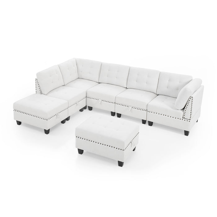 GFD Home - L shape Modular Sectional Sofa，DIY Combination，includes Three Single Chair ，Two Corner and Two Ottoman，Ivory Chenille - GreatFurnitureDeal