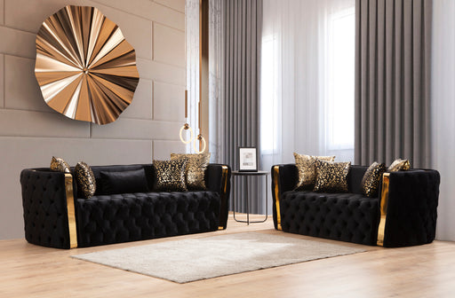 GFD Home - Naomi Button Tufted 2 Pc Sofa Set with Velvet Fabric and Gold Accent in Black - GreatFurnitureDeal