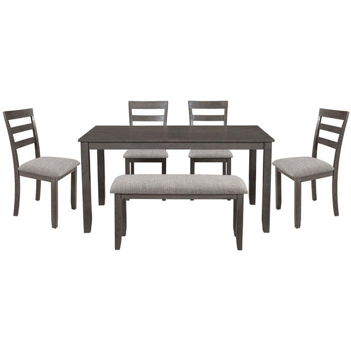 GFD Home - TREXM 6-Piece Kitchen Simple Wooden Dining Table and Chair with Bench, Fabric Cushion (Gray) - GreatFurnitureDeal