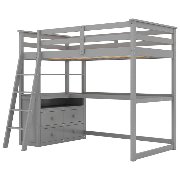 GFD Home - Twin Size Loft Bed with Desk and Shelves,Two Built-in Drawers,Gray(OLD SKU:GX000803AAE) - GreatFurnitureDeal