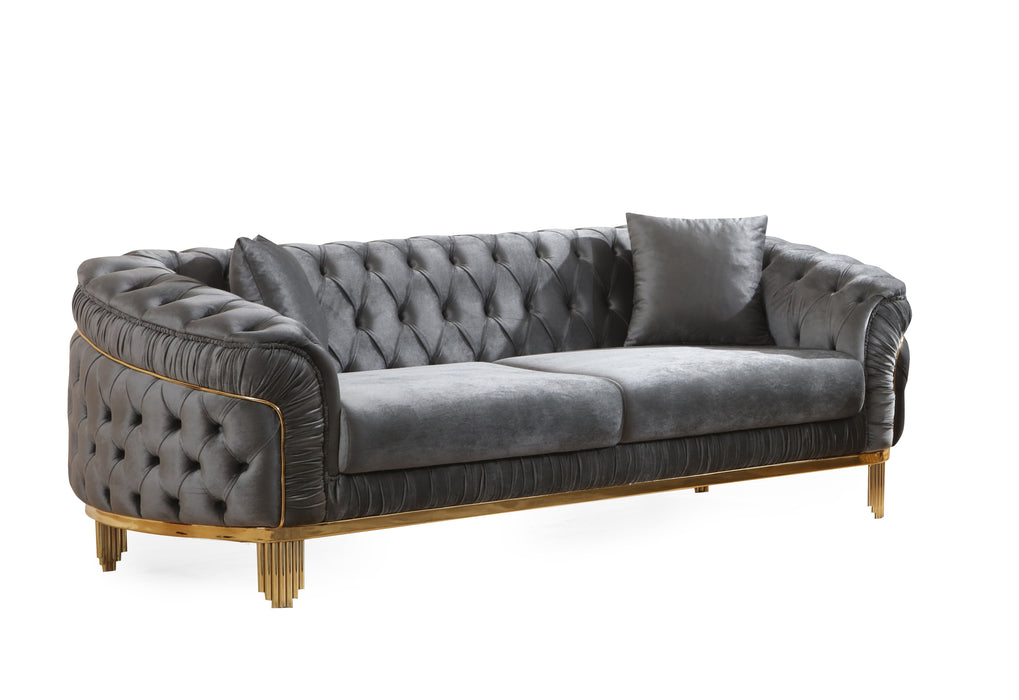 GFD Home - Vanessa Sofa Living room Set in Grey and Gold with Fabric button-tufted velvet upholstery Finish - GreatFurnitureDeal