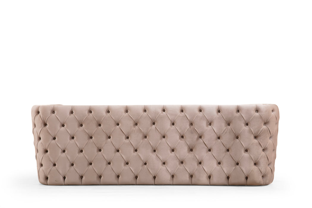 GFD Home - Naomi Button Tufted Sofa with Velvet Fabric and Gold Accent in Off White - GreatFurnitureDeal