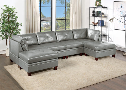 GFD Home - Genuine Leather Sectional Sofa Chair Ottomans 6pc Set Grey Tufted Couch Living Room Furniture - GreatFurnitureDeal