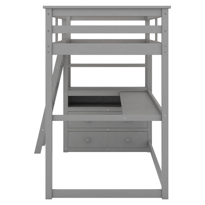 GFD Home - Twin Size Loft Bed with Desk and Shelves,Two Built-in Drawers,Gray(OLD SKU:GX000803AAE) - GreatFurnitureDeal