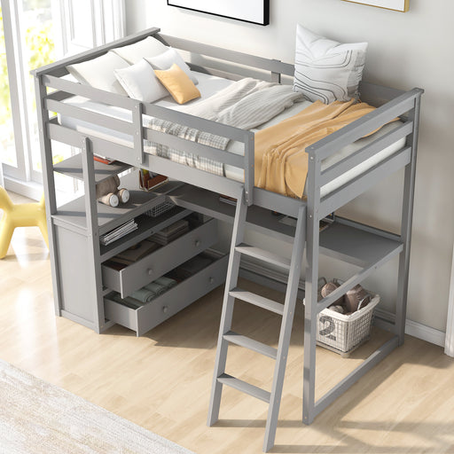 GFD Home - Twin Size Loft Bed with Desk and Shelves,Two Built-in Drawers,Gray(OLD SKU:GX000803AAE) - GreatFurnitureDeal