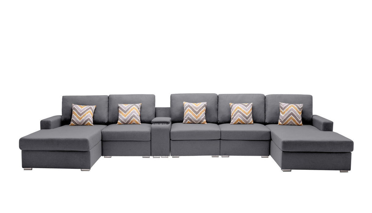 GFD Home - Nolan Gray Linen Fabric 6Pc Double Chaise Sectional Sofa with Interchangeable Legs, a USB, Charging Ports, Cupholders, Storage Console Table and Pillows - GreatFurnitureDeal