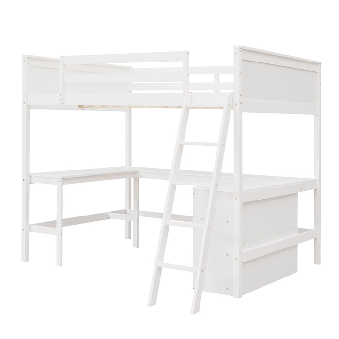 GFD Home - Full size Loft Bed with Shelves and Desk, Wooden Loft Bed with Desk - White - GreatFurnitureDeal