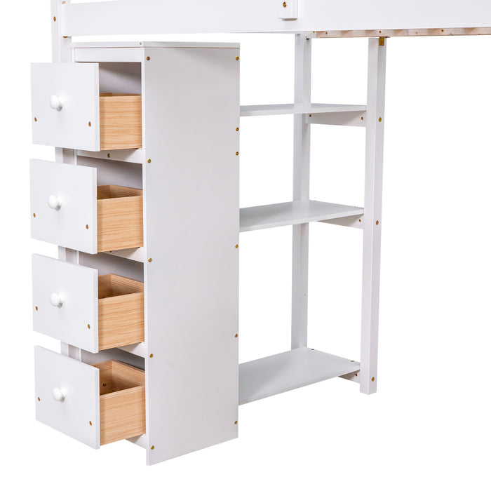 GFD Home - Twin size Loft Bed with Storage Drawers ,Desk and Stairs, Wooden Loft Bed with Shelves - White - GreatFurnitureDeal