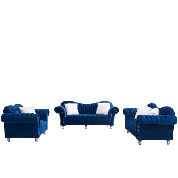 GFD House - 3 Piece Living Room Sofa Set, including 3-Seater Sofa, Loveseat and Sofa Chair, with Button and Copper Nail on Arms and Back, Five White Villose Pillow, Blue. - GreatFurnitureDeal