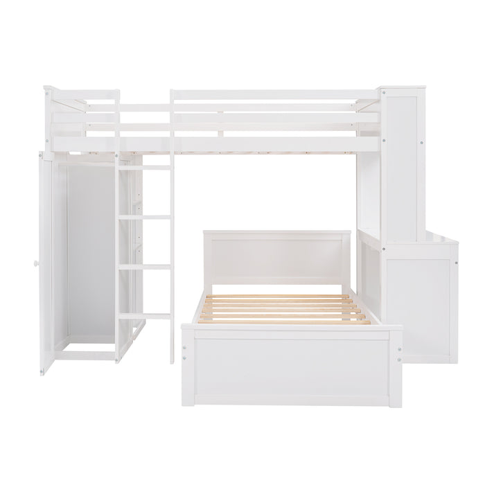 GFD Home - Twin size Loft Bed with a Stand-alone bed, Shelves,Desk,and Wardrobe-White - GreatFurnitureDeal