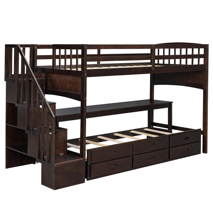 GFD Home - Stairway Twin XL Loft Bed with Twin Size Trundle and 3 Drawers, Storage, Desk, Espresso - GreatFurnitureDeal