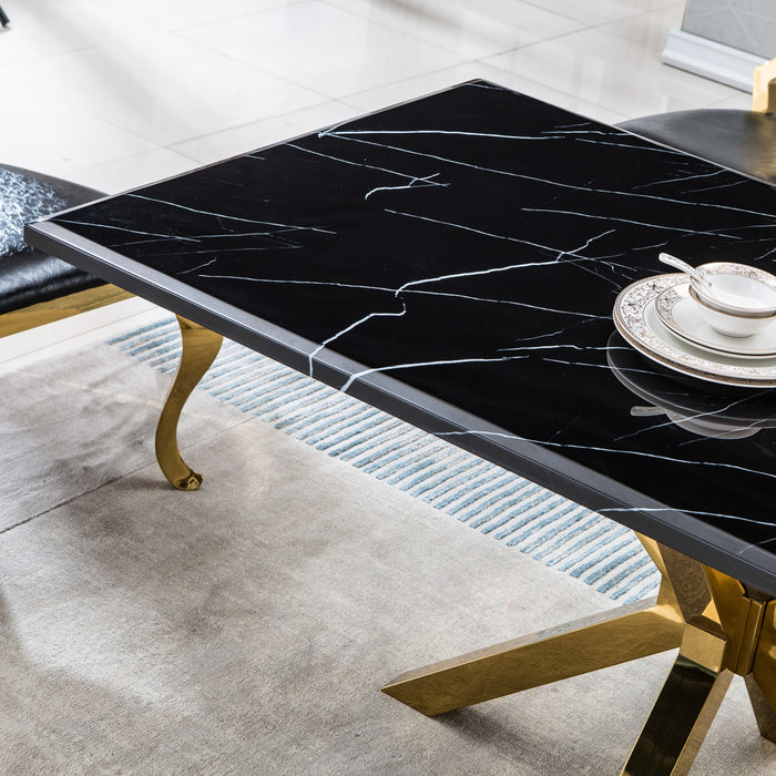 GFD Home - Modern Rectangular Marble Table for Dining Room/Kitchen, 1.02" Thick Marble Top, Gold Finish Stainless Steel Base, Size:79"Lx39"Dx30"H(Not Including Chairs) - GreatFurnitureDeal