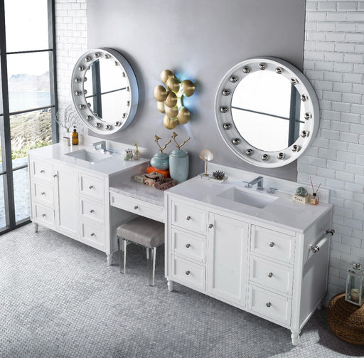 James Martin Furniture - Copper Cove Encore 122" Double Vanity Set, Bright White w- Makeup Table, 3 CM Classic White Quartz Top - 301-V122-BW-DU-3CLW - GreatFurnitureDeal