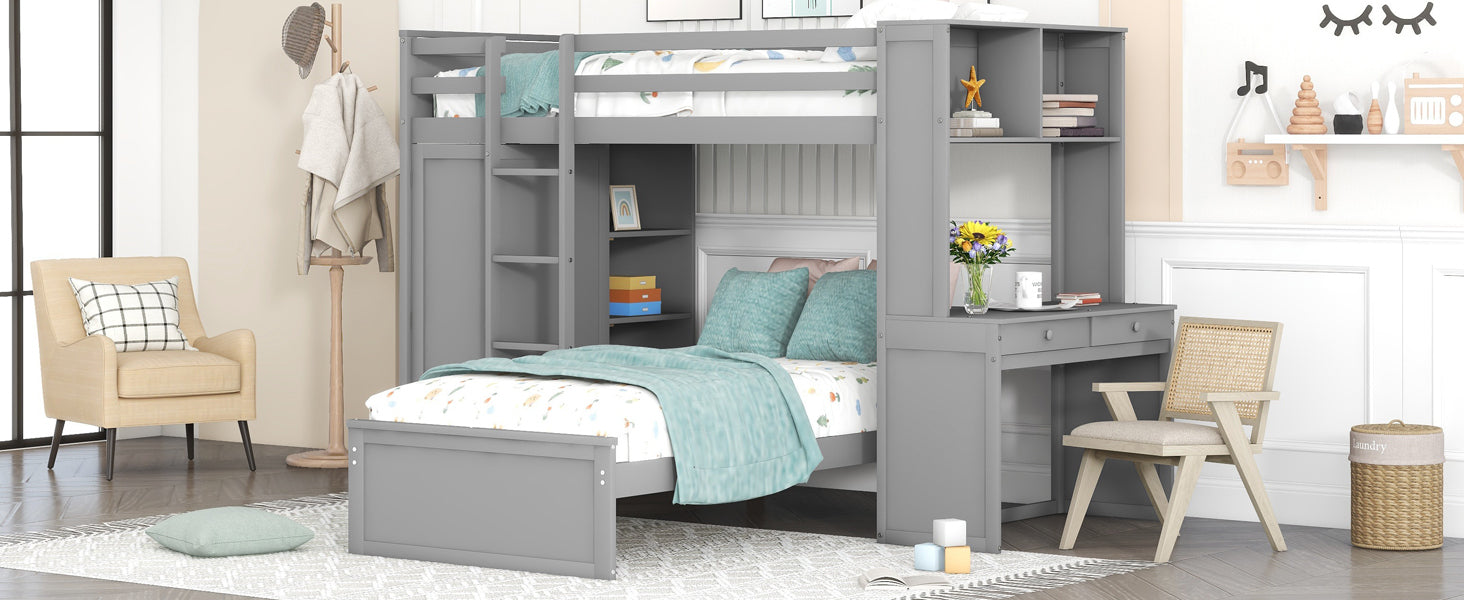 GFD Home - Twin size Loft Bed with a Stand-alone bed, Shelves,Desk,and Wardrobe-Gray - GreatFurnitureDeal