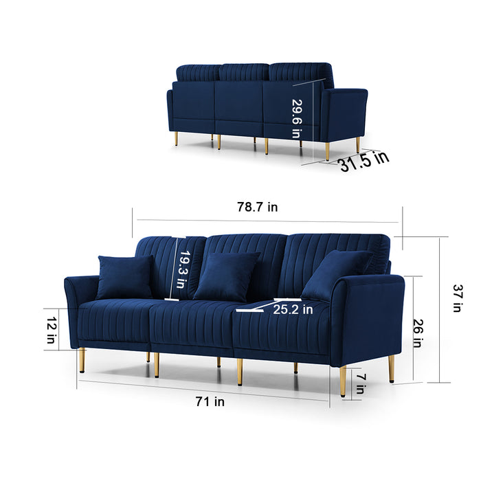 GFD Home - Velvet Fabric Sofa Couch Set, Mid-Century 3-Seat Tufted Love Seat for Living Room, Bedroom, Office, Apartment, Dorm, Studio and Small Space, 7 Pillows Included(Navy Blue),3+2+2 Seater - GreatFurnitureDeal