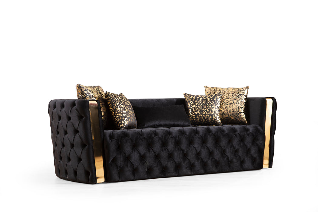 GFD Home - Naomi Button Tufted 3 Pc Sofa Set with Velvet Fabric and Gold Accent in Black - GreatFurnitureDeal