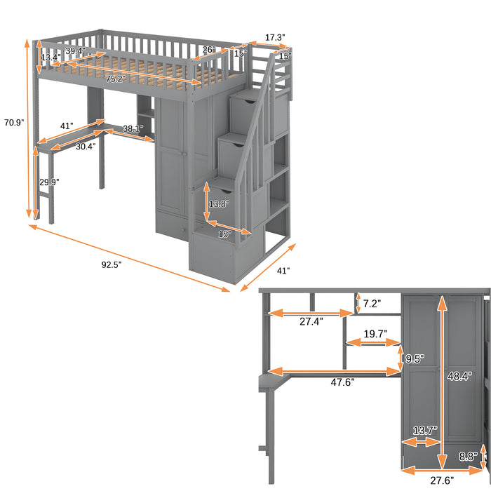 GFD Home - Twin size Loft Bed with Bookshelf,Drawers,Desk,and Wardrobe-Gray - GreatFurnitureDeal