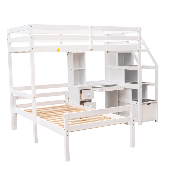 GFD Home - Twin Size Loft Bed with a Stand-alone Bed, Storage Staircase, Desk, Shelves and Drawers, White - GreatFurnitureDeal